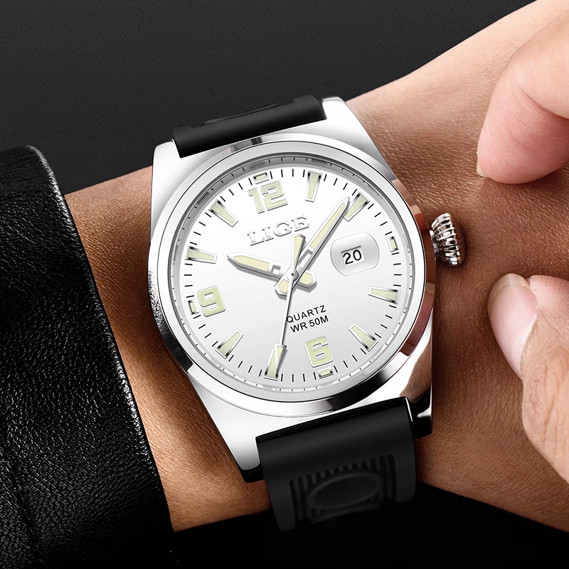 LIGE 2026 Men's Watch Brand Original Quartz clock Waterproof Silicone Band Calendar Simple Fashion Daily Wear Watches reloj+BOX