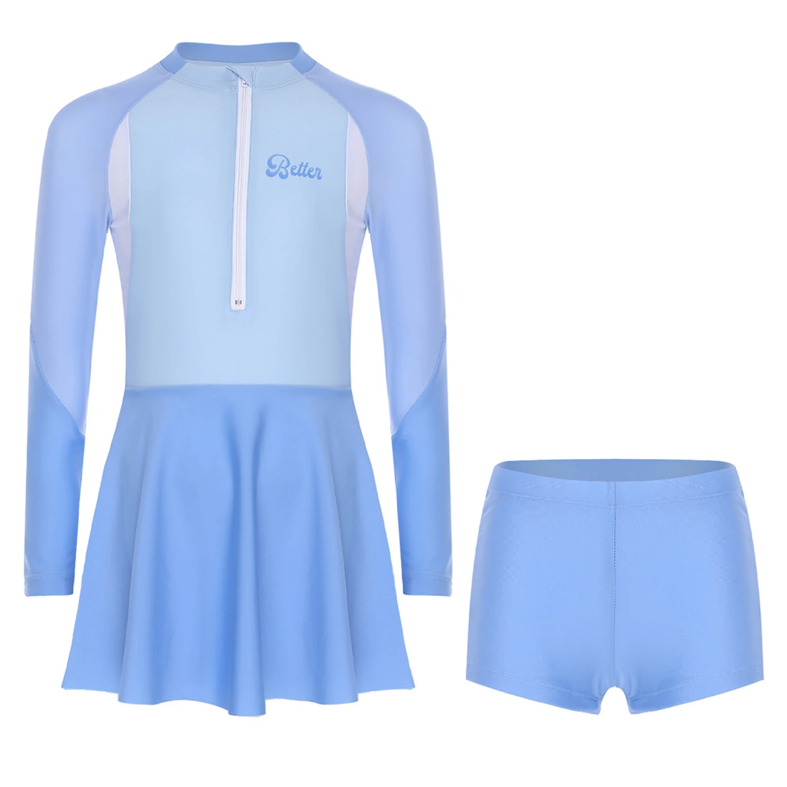 

Fashion Girls Rash Guard Swim Dress Long Sleeve Front Zipper Dress Swimsuit with Drawstring Elastic Shorts Bathing Suit Swimwear