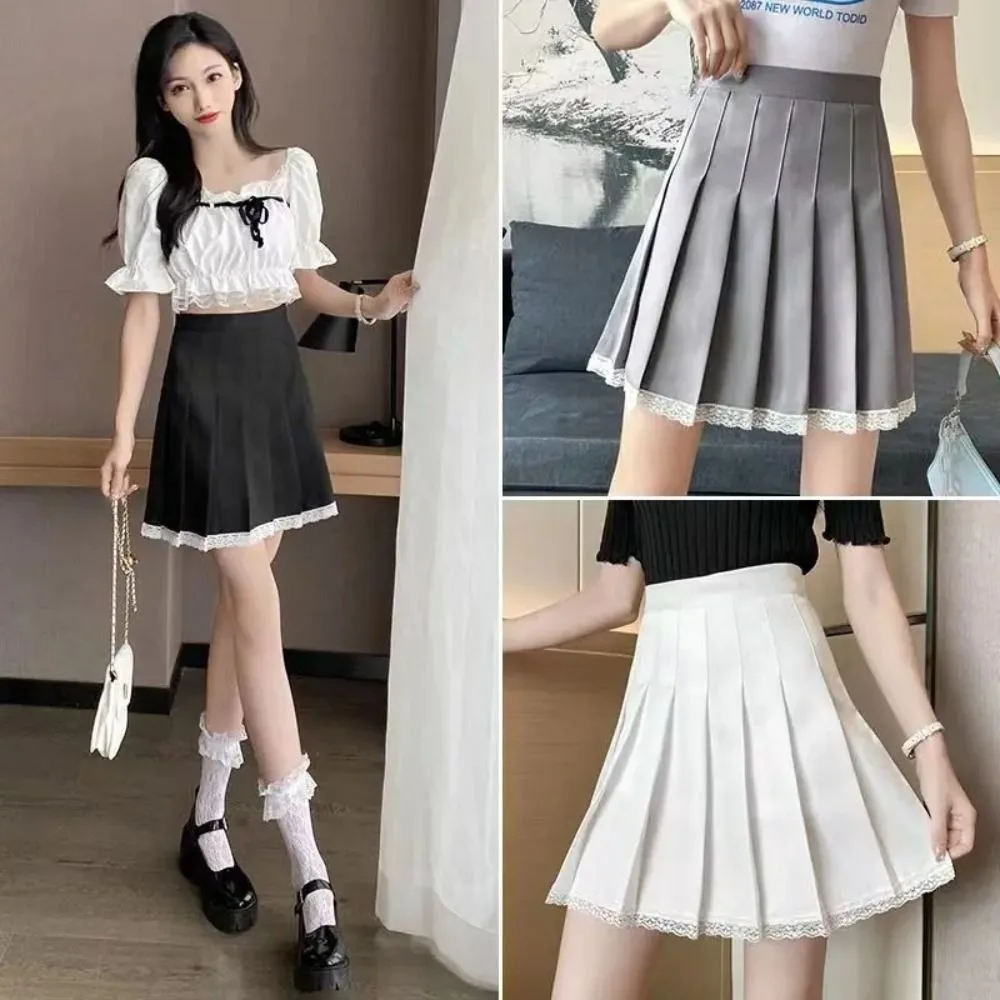 A-line High Waist Pleated Mini Skirt Solid color Y2k Women's School Short Skirt Oversized Preppy Style Lace Pleated Skirts