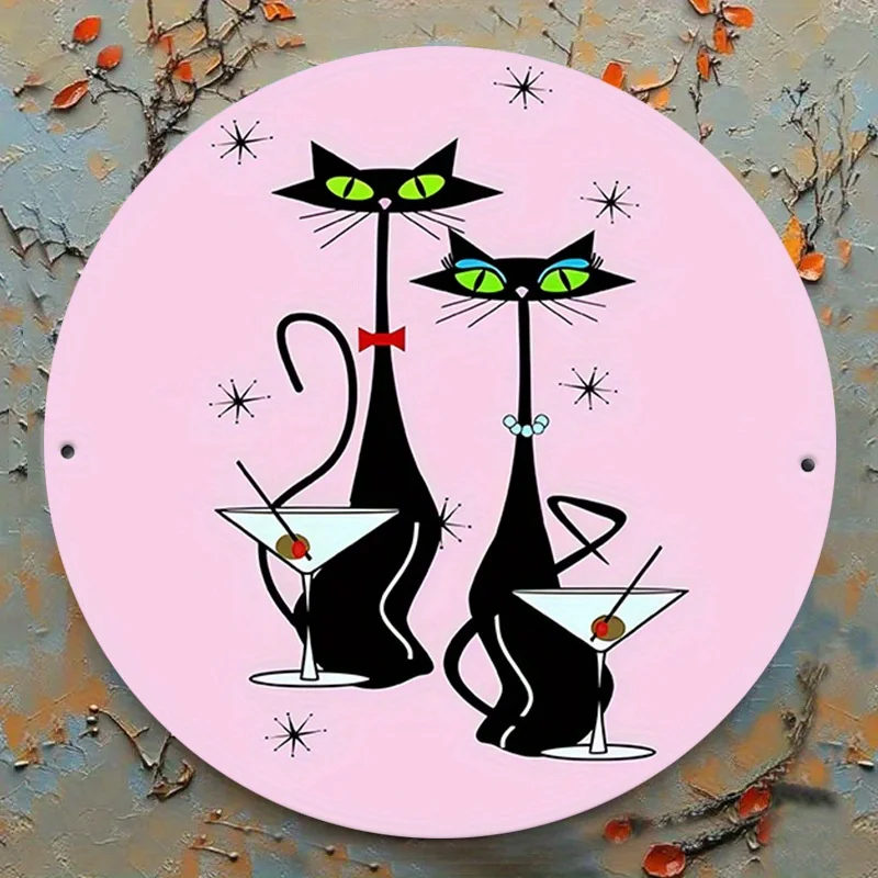 CIFBUY Vintage Atomic Black Cat Round Aluminum Metal Sign Waterproof Wall Art Home Office Bar Hanging Decor