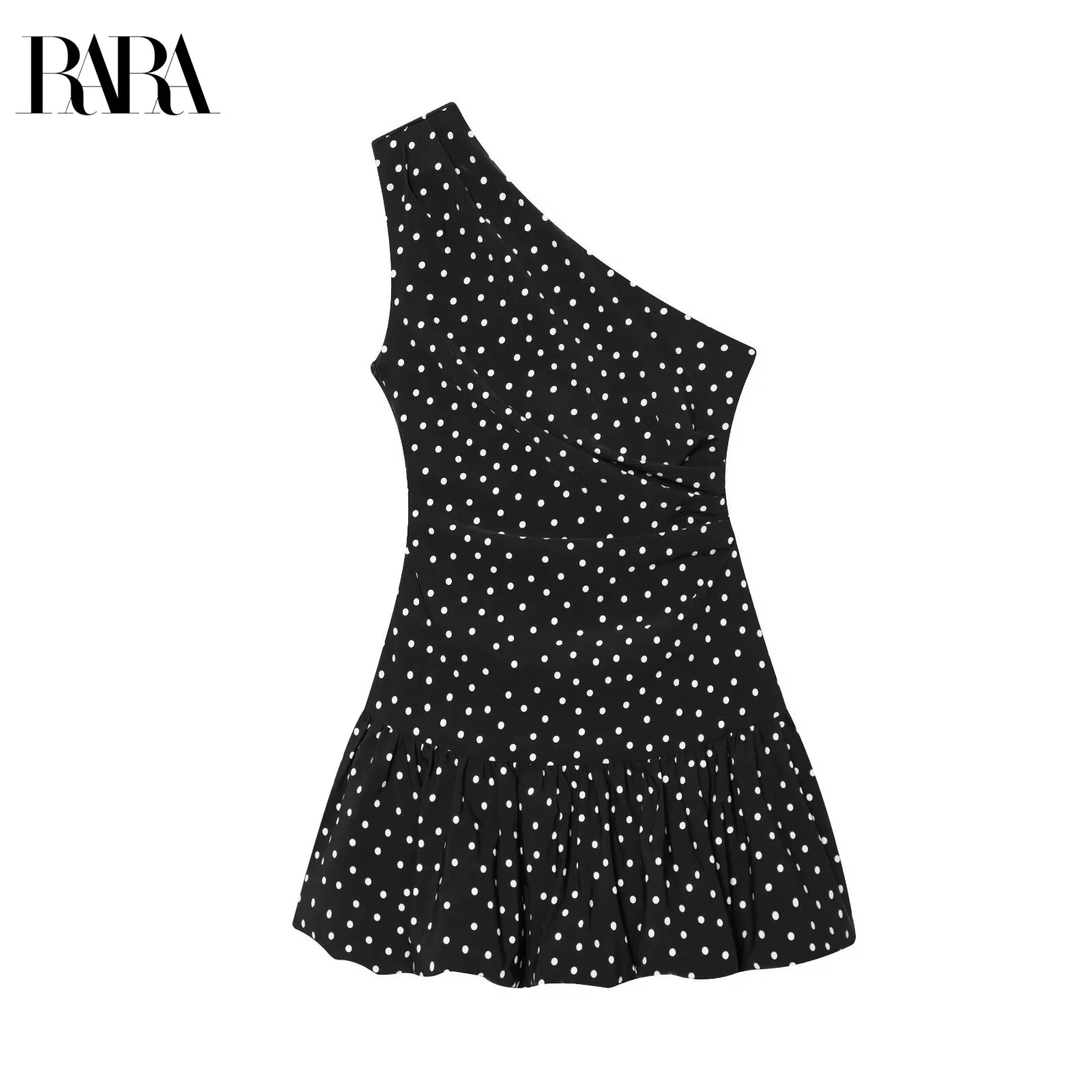 

RARA2025 New Summer Women's Casual Fashion Polka Dot Oblique Shoulder Collar Pleated Ultra-short Flower Bud Dress