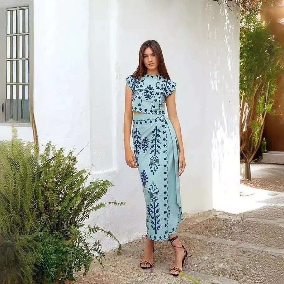 Print Holiday Stylish 2-piece Set Womens Outifits Spring and Summer Sleeveless O-neck Tops and Long Dress Elegant Matching Sets