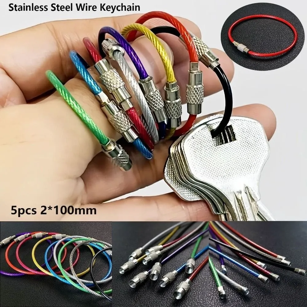 5pcs Stainless Steel Keychain Ring Wire 6 Colors 2*100mm Outdoor Camp Luggage Tag Cables DIY Key Keyring Circle Rope Cable Loop