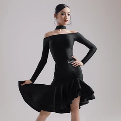 VENNY vestido de baile latino para mujer adulta, traje profesional de manga larga con cuello, color negro, a la moda