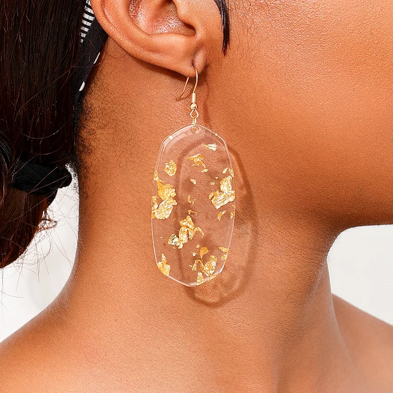 Bohemian Transparent Acrylic Resin Oval Earring for Women Girls Fashionable Style Gold Foil Female Earrings Fashion Jewelry