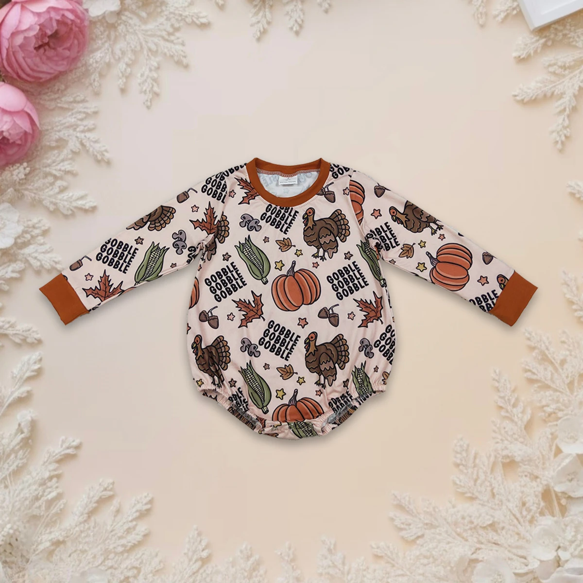 

Newborn Baby Boys Bummies Romper Long Sleeve Turkey Pumpkins Gobble Jumpsuit Fall Fashion Casual Wear Infant Toddler Playsuits