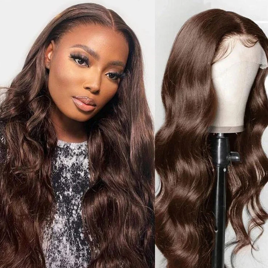 

Chocolate Brown Body Wave Lace Front Human Hair Wig Glueless #4 Brown 13x4 HD Transparent Lace Front Body Wave Human Hair Wigs