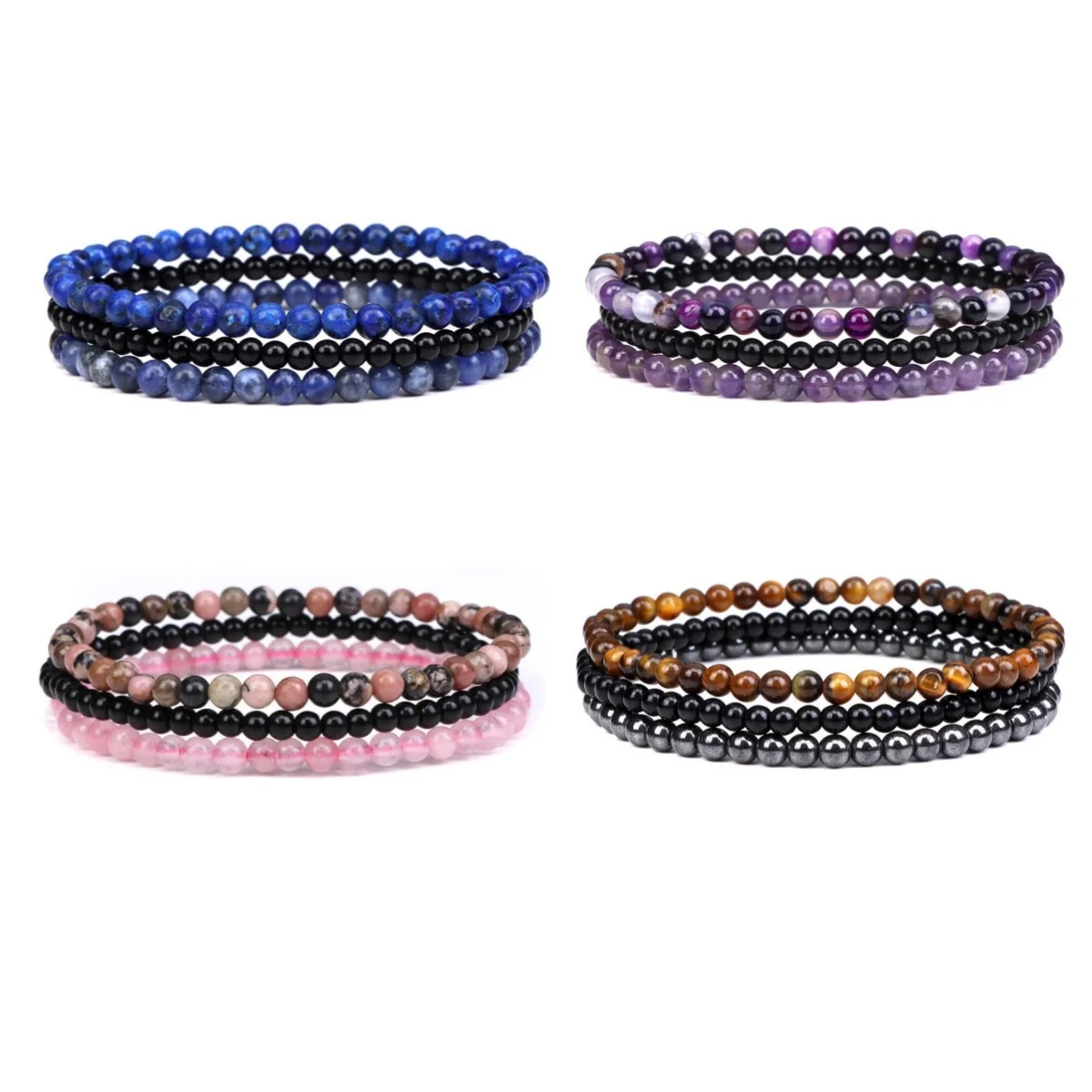 3Pcs/set 4mm Stone Beaded Bracelet Set For Women Men Health Protection Gift Rose Quartzs Amethysts Black Onyx Beads