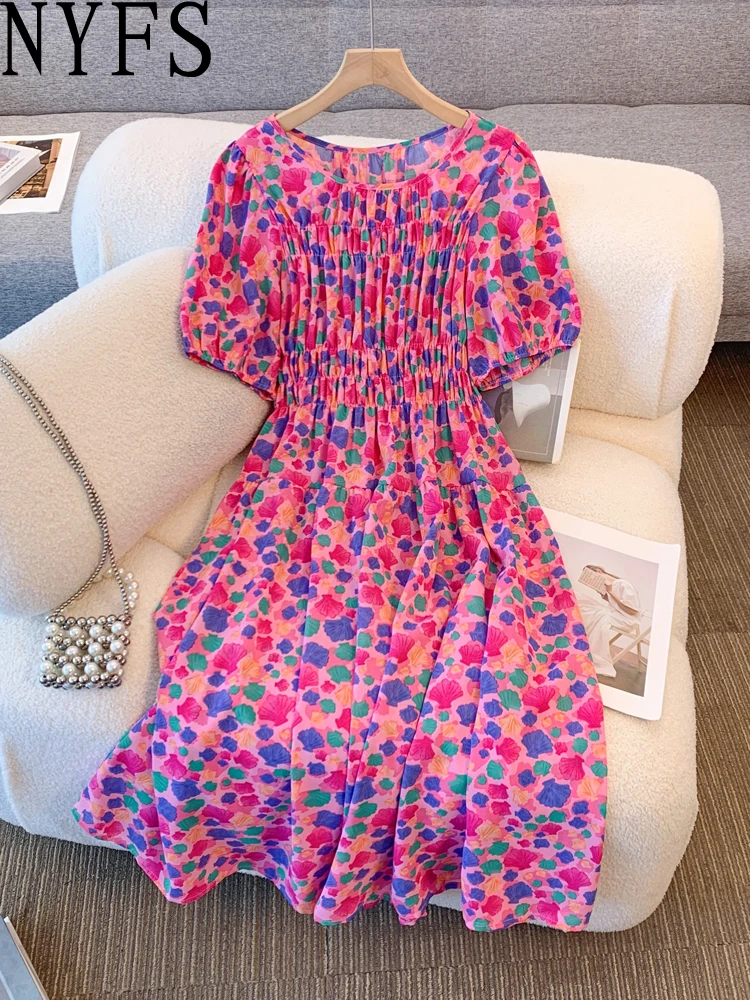 فستان نسائي مقاس كبير من NYFS لصيف 2025 فستان فضفاض مطبوع بخصر عالٍ وأكمام منتفخة فساتين طويلة رداء Elbise على الطراز الكوري #1