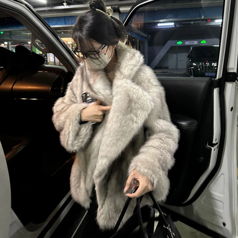 Lautaro Autumn Winter Oversized Loose Casual Luxury Soft Thick Warm Hairy Faux Fox Fur Coat Women Long Sleeve Fluffy Jacket 2025