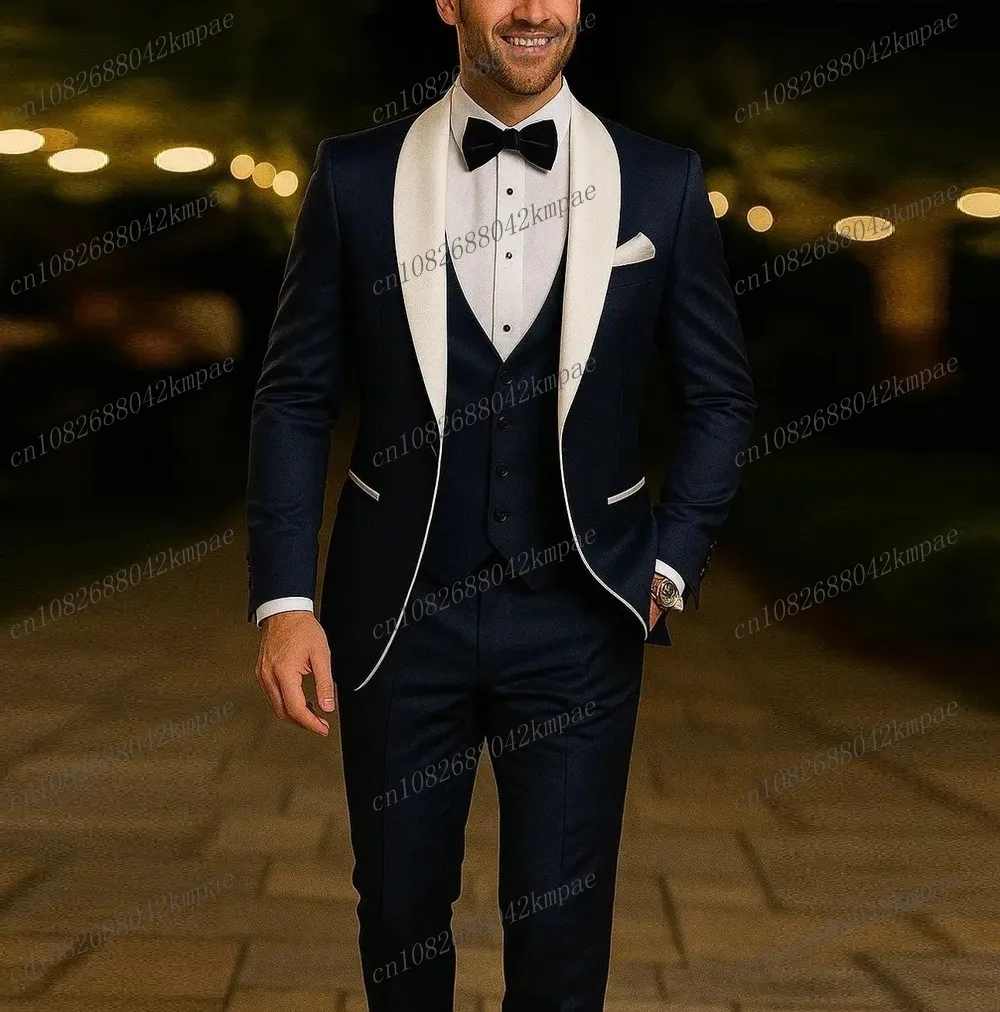 

Белый воротник, темно-синий мужской костюм, формальный случай, жених, жених, свадебная вечеринка, выпускной, мужской смокинг, комплект из 3 предметов, блейзер, жилет, брюки