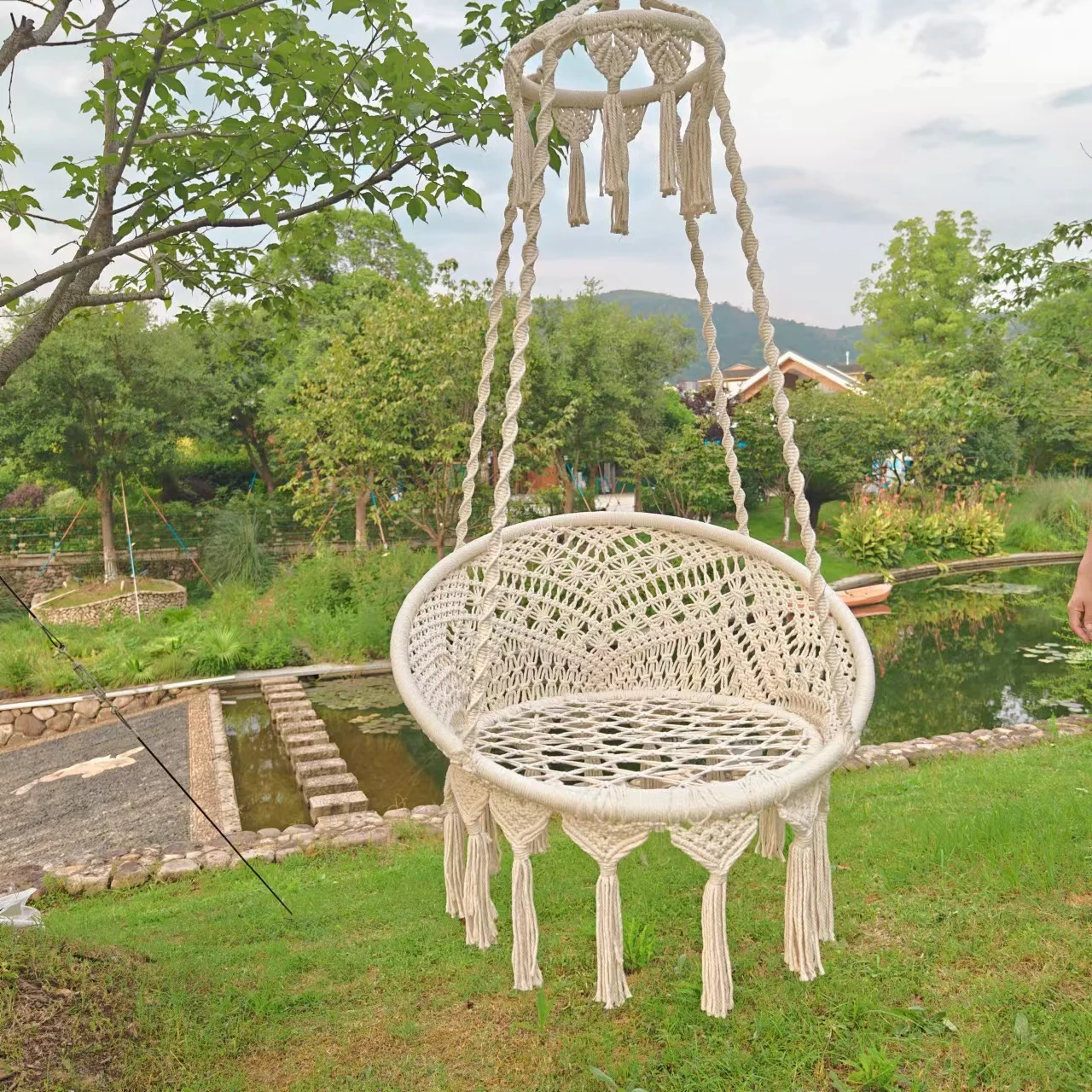 Rede de rede tecida, balanço de varanda boêmia