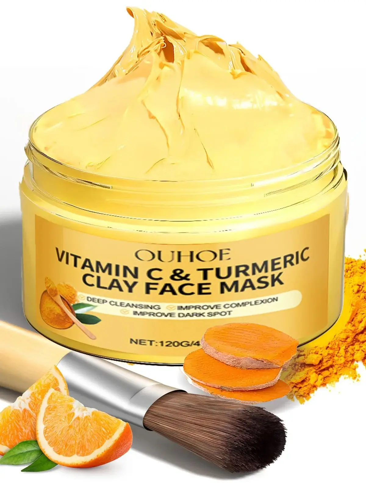 Máscara de argila com vitamina c de cúrcuma, limpeza profunda facial, melhora manchas escuras, acne,