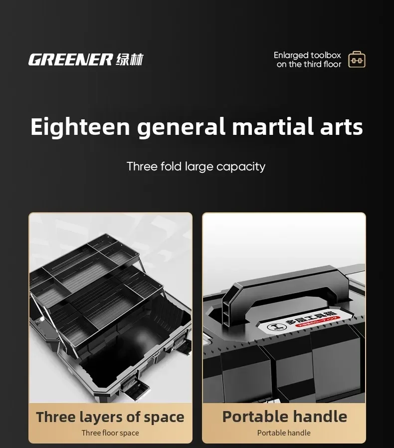 Professional Heavy Duty Green Toolbox with Foldable Three Layers and Multi-Purpose Carrying Handle