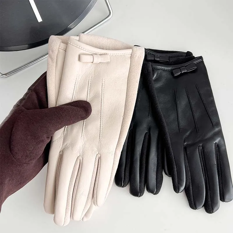New Leather Finger Gloves for Women's Winter Outdoor Cycling, Warm and Cold Proof, Solid Color, High-end Feeling Gloves