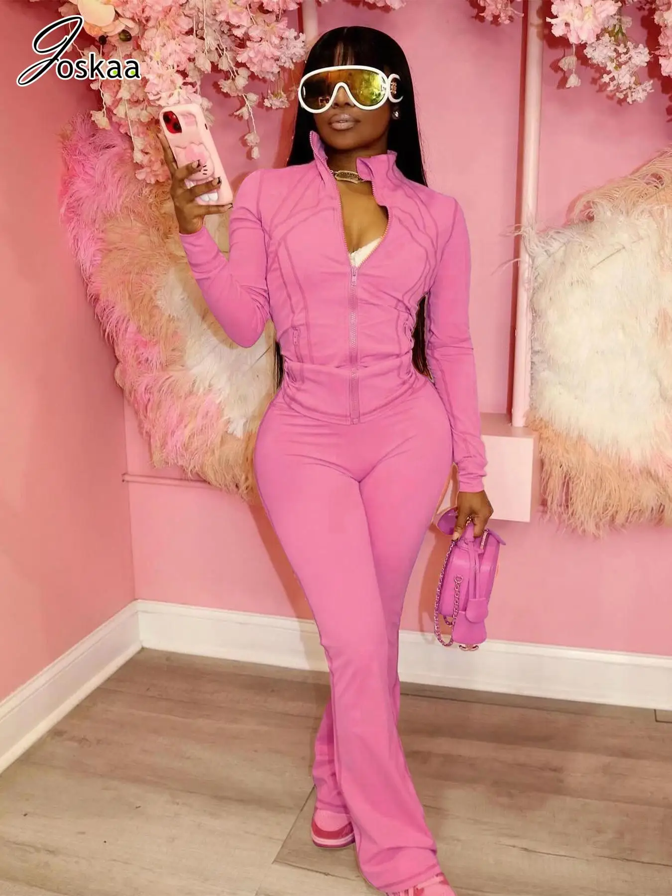 

Joskaa повседневные спортивные комплекты из 2 предметов, женские топы на молнии с длинными рукавами и брюки-клеш, одинаковые осенние спортивные костюмы для фитнеса, уличная одежда