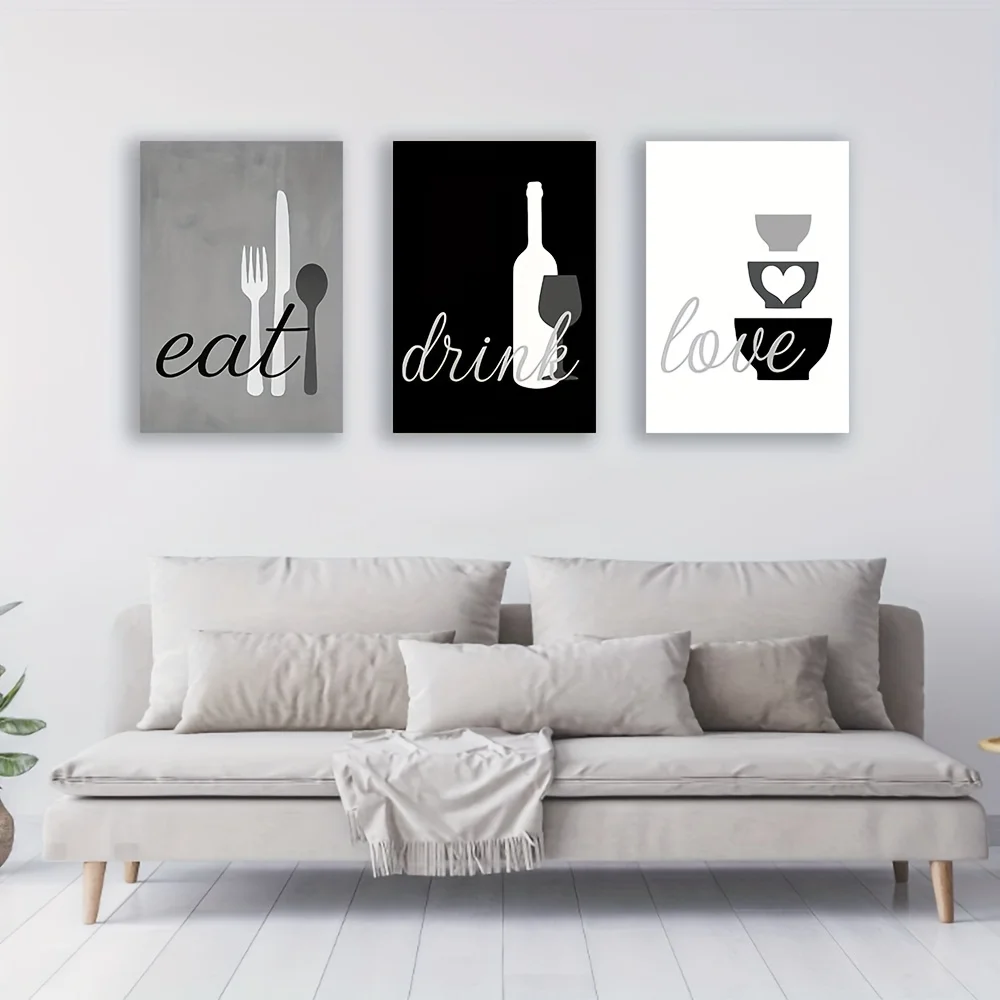 2D Flat, 3pcs Eat Drink Love Wall Art Prints - Modern Minimalist Black & White Kitchen Posters, Wine, Glass & Cutlery Food &