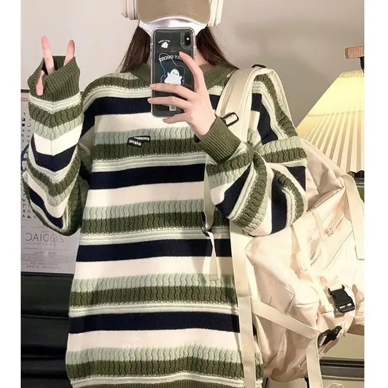 

Мужской осенне-зимний утепленный полосатый вязаный свитер свободного кроя с длинным рукавом и воротником-бомбер, базовый, для пар, в стиле кэжуал