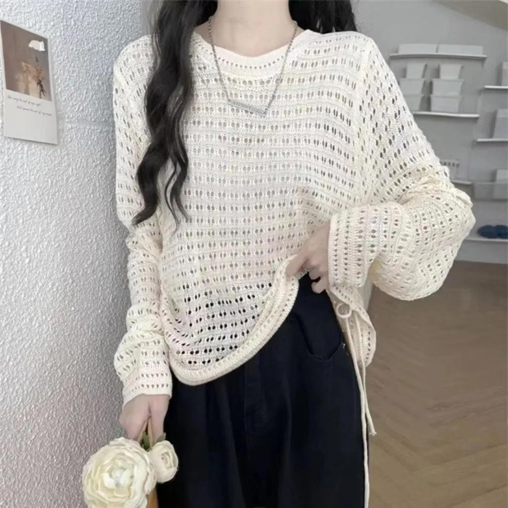 

Новый летний женский полый вязаный свитер в корейском стиле с круглым вырезом, тонкий модный дизайн в ленивом стиле, топ на шнурке