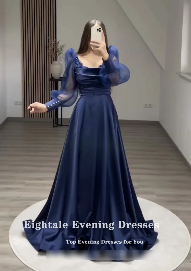 Eightale Navy Blue Prom Dresses for Wedding Satin Customized Long Sleeve Evening Gowns Appliques Beaded Arabic Party Dress