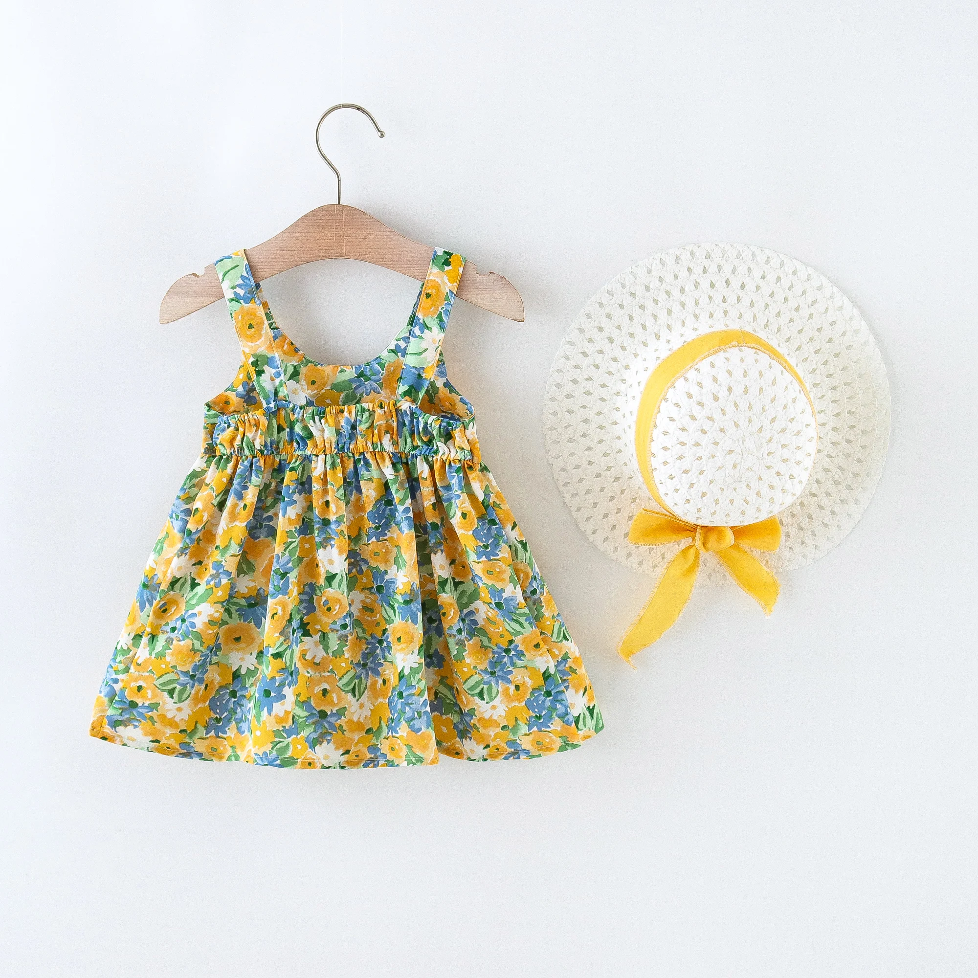 Children\'S Clothing Dress Hat 2/Piece Set Summer Girl Flower Big Bow Korean Version Cute Suspender Dress