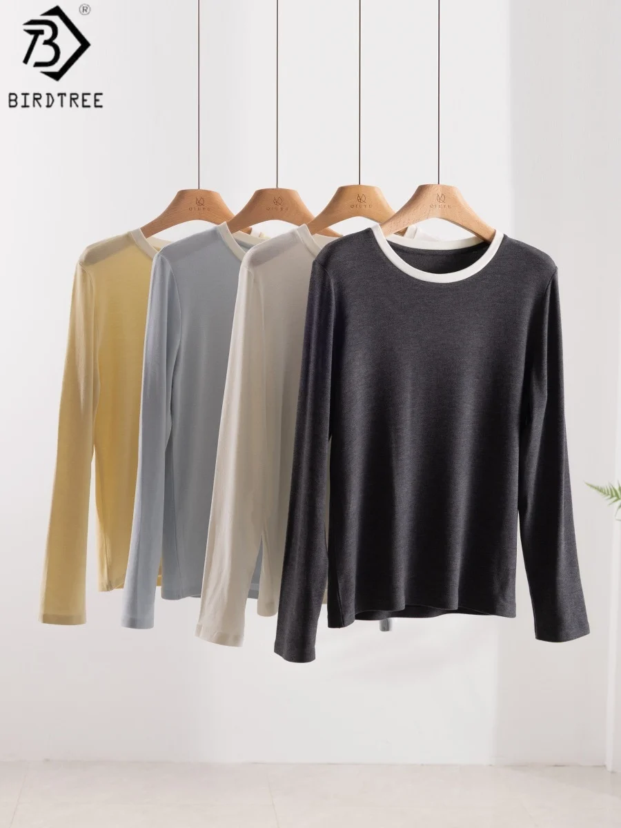 

Birdtree 4.2% Sheep Wool O-neck Undershirt,Women's Color Collision Autumn Long Sleeved Soft Home Bottoming Shirt Tops T58018JF