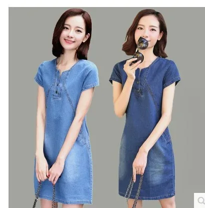 Slimming Denim Dress Women's Spring Summer New Korean Version Large Size Loose A-Line Skirt Cotton Linen Fabric Midi Dress