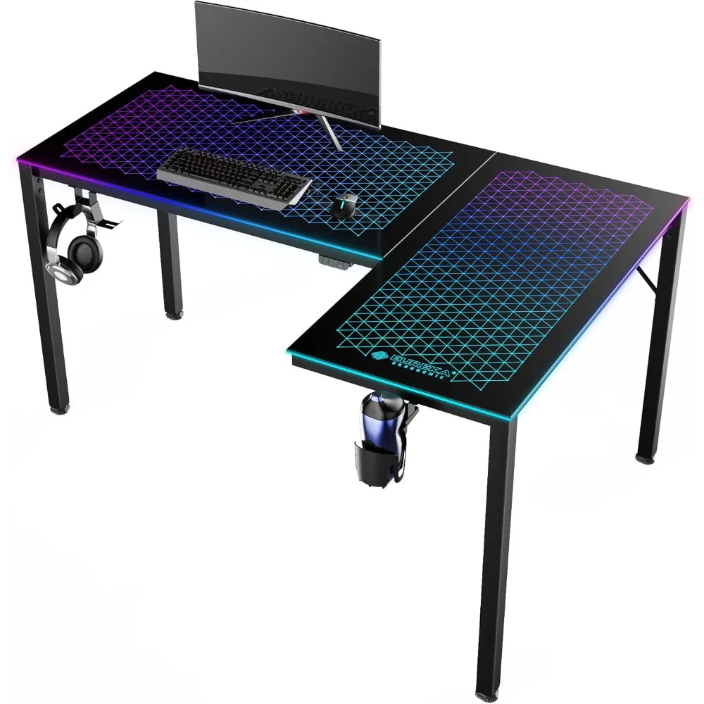 LED Lights 60 Inch L Shaped Reversible Black Glass Gaming Desk Home Office Computer Table