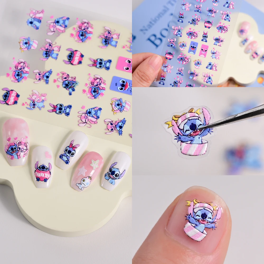 5D tłoczone kreskówki Mini Stitch naklejki na paznokcie wiele wyrażeni akrylowe naklejki na paznokcie śliczne postać z Anime Y2K suwaki do Manicure