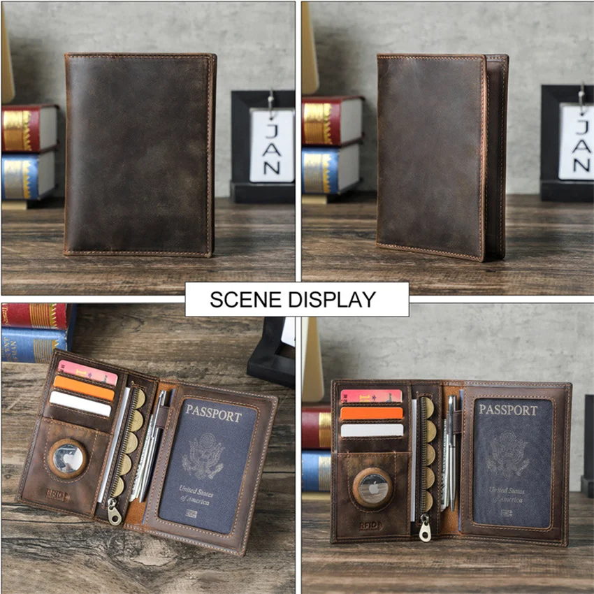 Hot Sale Genuine Leather Passport Wallets for Men Card Holders Coin Purses Pen Slot AirTag Slot Men Travel Slim Passport Cover