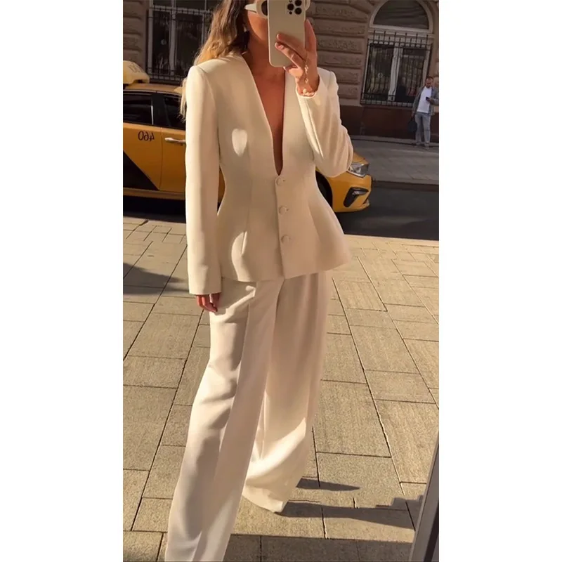 Elegant Blazer Coat Pant Sets 2 Pieces Women Deep V-neck Pants Suit Casual Trouser Suits 2024 Autumn Lady Office Outfits Elegant