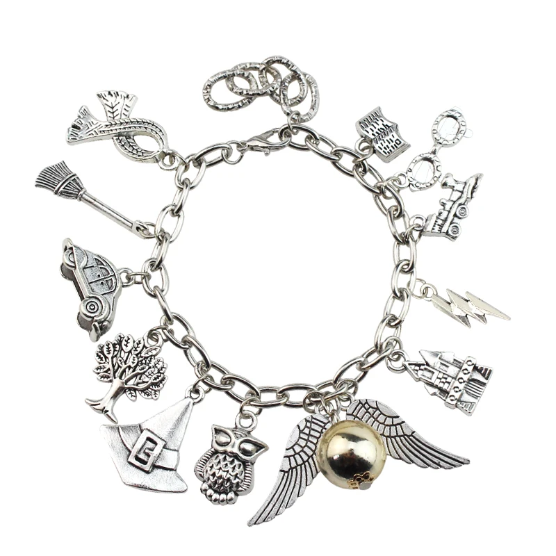 Movie Magic School Bracelet for Women Golden Snitches Owl Hat Car Broom Pendant Jewelry Alloy Bracelets Toys Gift