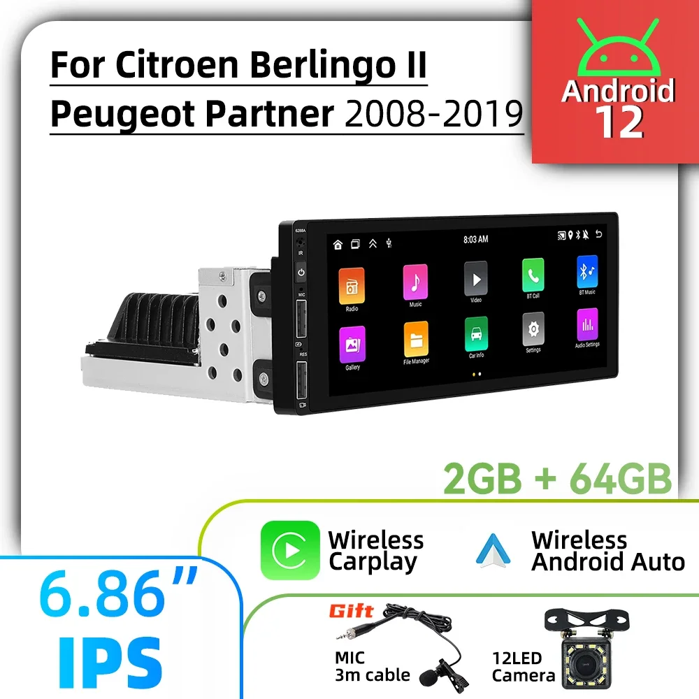 6.86 "1 Din Radio Android Car Multimedia dla Citroen Berlingo II Peugeot Partner 2008-2019 Stereo Head Unit Carplay Android Auto