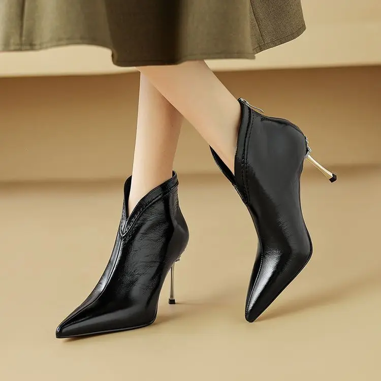 Chic Black Genuine Leather Women Boots Crystal Iron Thin High Heels Dress Work Stilettos Back Zipper Autumn Botas Zapatos Femmes