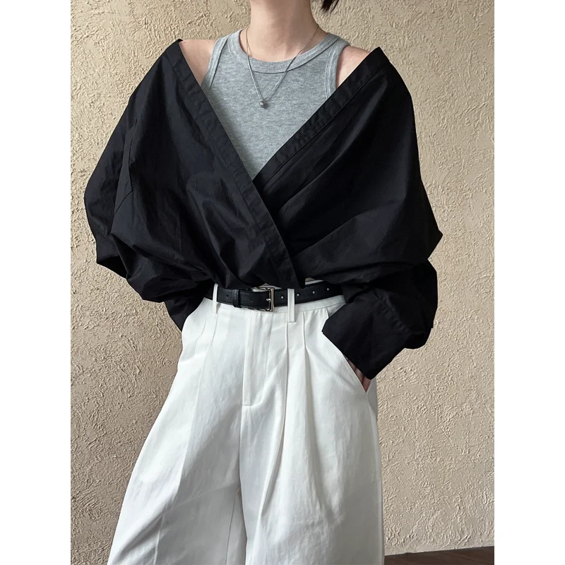 Women French Loose Casual Commuter Off-the-shoulder Long-sleeved Shirt with Knitted Vest Fake Two Blouses Female