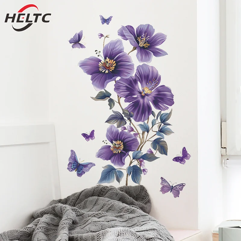 1pcs Purple Flowers Butterfly Wall Stickers Living Room Bedroom Background Decor Mural Self-adhesive Wall Decals