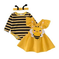 Infant Baby Girls Cute Outfits Flying Sleeve Romper Cartoon Bee/Beetle Embroidery Suspender Dress Headband Sets for Party