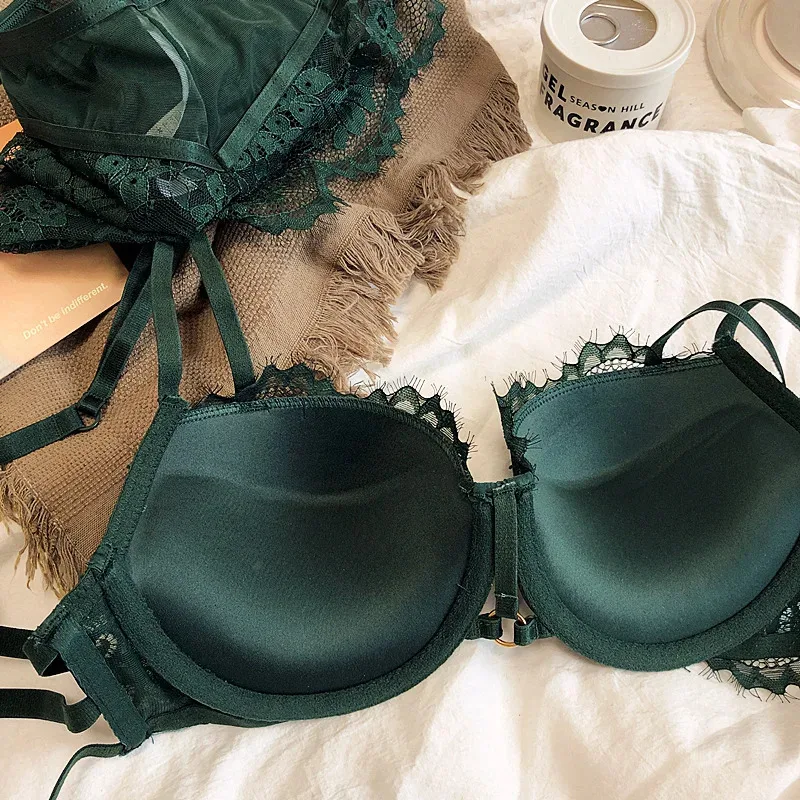 Half a cup gathered thick steel ring anti-sagging lace sexy bra underwear set push up women large size lingerie with panties set