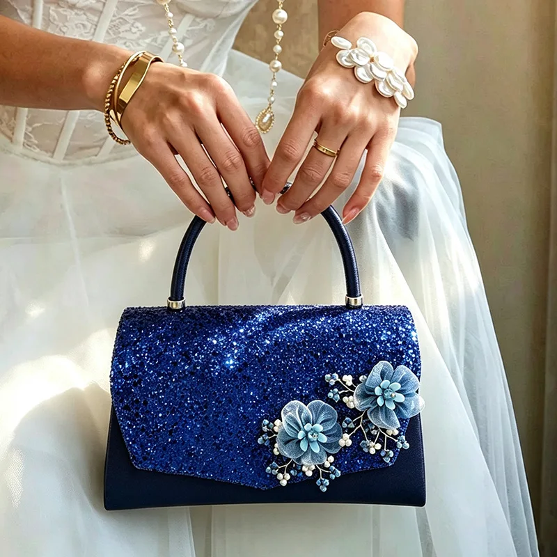 Royal blue three-dimensional flower sequins dinner bag wedding dress portable messenger women's bag