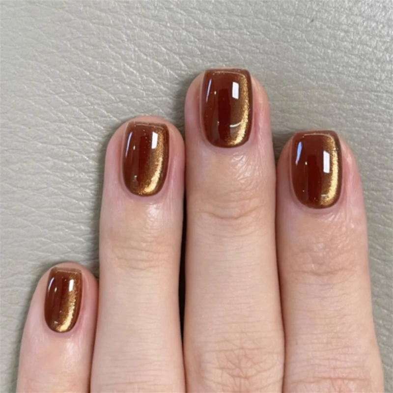 

Gold Brown Sparkling Cat Eye Wearable Nail Art Chic Short Fall Winter Fake Nails Detachable Finished False Nails Press on Nails