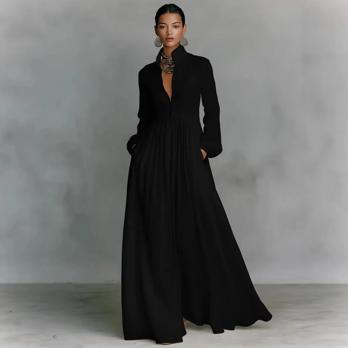 2026 New Model: Elegant, Slim-Waisted, Long-Sleeved Dress with Pleats, French-Style, White, Perfect for Vacation
