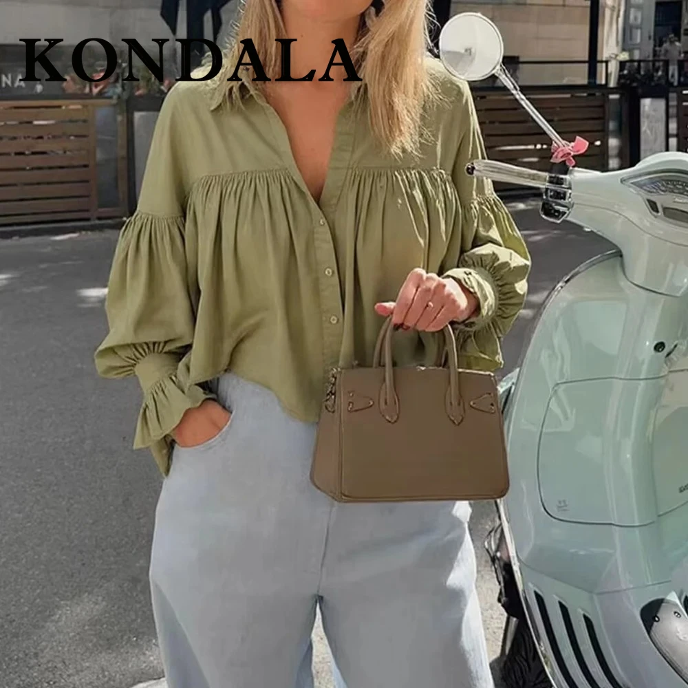 

KONDALA Chic Green Casual Loose Shirts Single Breasted Sash Flare Sleeve Oversized Pleated Blouse Streetwear Fashion 2025 Blouse