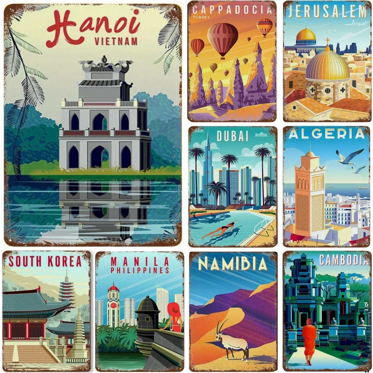 Vintage Nordic Travel Cities Poster Dubai Landscape Turkey Tanzania Metal Signs Retro Plate Wall Art Decor for Living Room Home