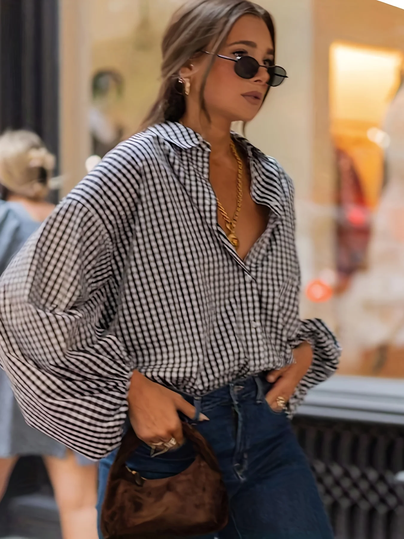 Women's Black White Gingham Oversized Shirt Lantern Long Sleeve Casual Blouse
