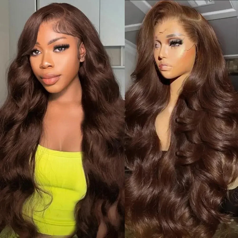 

13x6 HD Transparent Lace Frontal Wig #4 Chocolate Highlight Colored 40 46 Inch Body Wave Wigs Brazilian Hair Wig 100% Human Hair