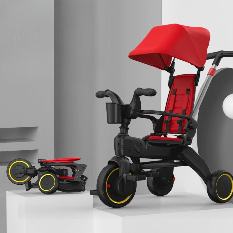 

Children's Tricycle 1-5 Years Old Multifunctional Folding Lightweight Strollers PU Wheel Shockproof with Awning Pedal Tricycles