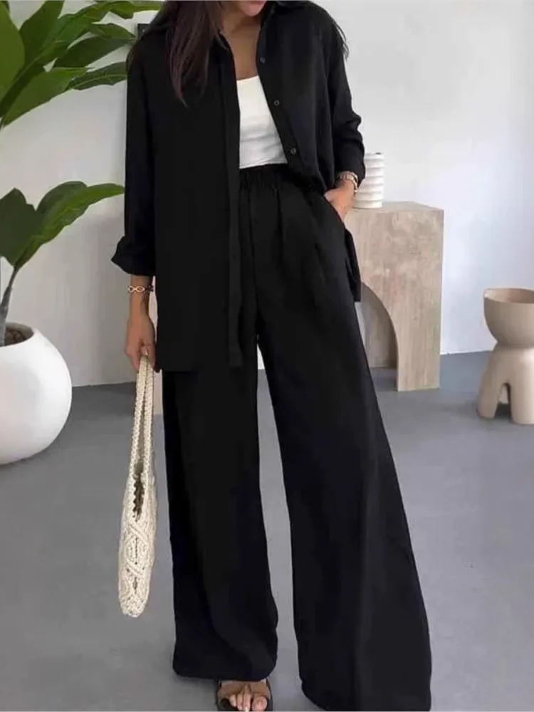 Casual Y2k Woman's Spring PantsTwo-piece Sets Fashion Single-row Buckle Flip Collar Shirt Loose Pants Suit Ladies Autumn Outfit