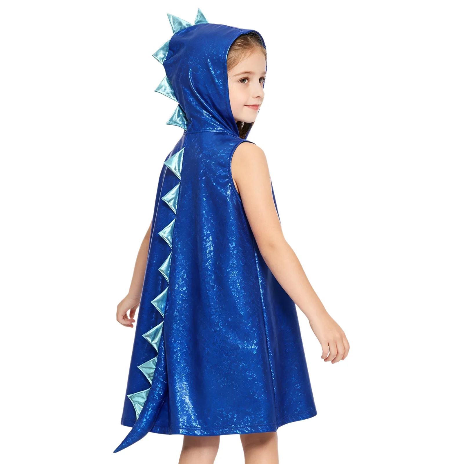 Child Funny Animal Costume Girls Dinosaur Dress Metallic Gloss Sleeveless Dragon Hooded 3D Tail Dress for Xmas Party Performance