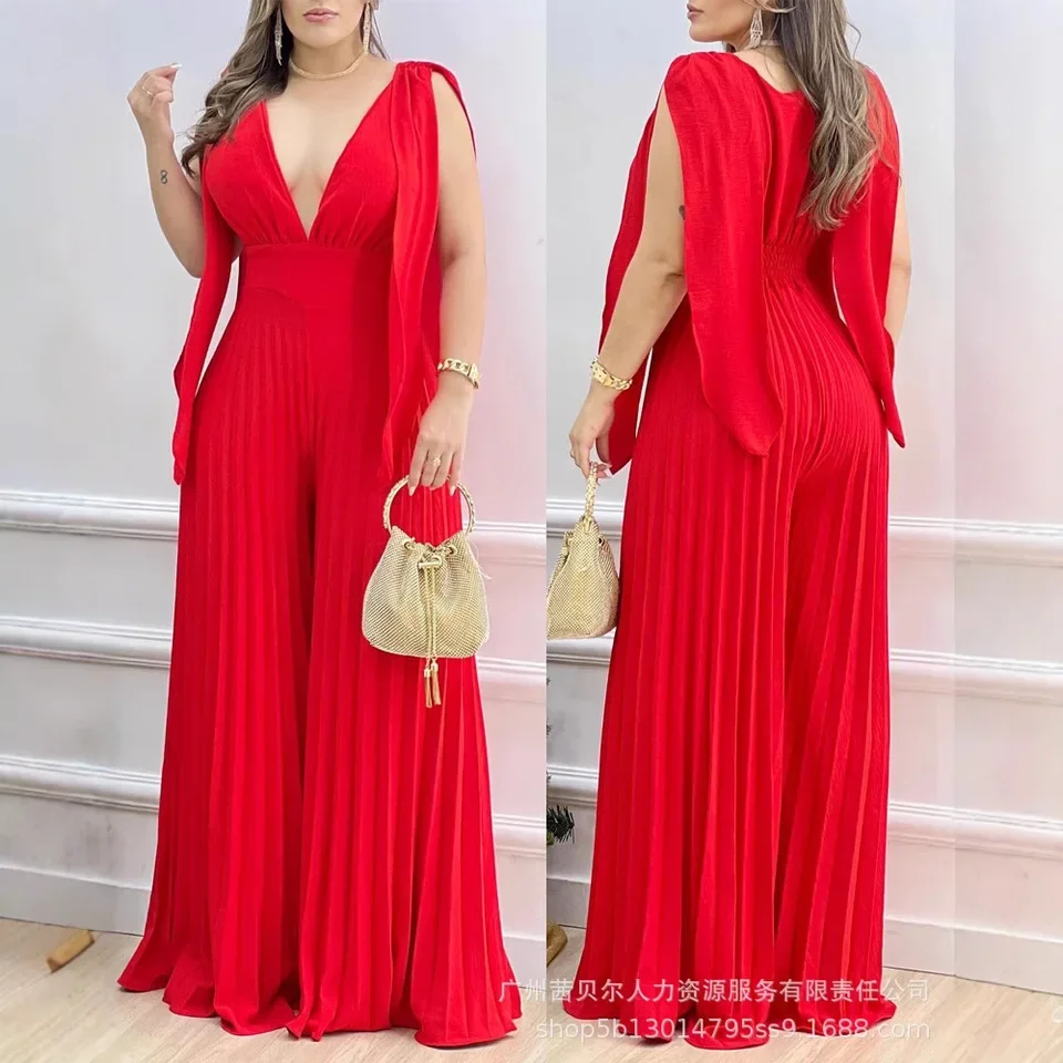 

Женский летний новый красный сексуальный глубокий V-образный плечевой ремень на талии плиссированный комбинезон с широкими штанинами расклешенные брюки свободные брюки комбинезон