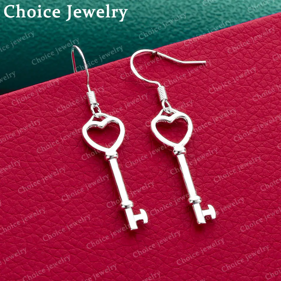 925 Sterling Silber Herz-Schlüssel-Ohrhänger für Damen, Schmuck, romantische Mode, Verlobung, Hochzeit, Party-Accessoires